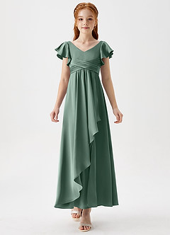 Azazie Omari Junior Eucalyptus A-Line Pleated Stretch Satin Dress image5