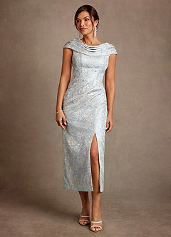 Azazie Alpine 신부의 어머니 드레스 A라인 주름진 플로럴 자카드 티 길이 드레스 image3