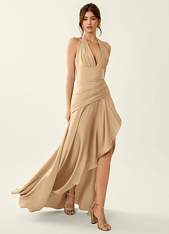 Titania Champagne Satin V-neck Ruffled Prom Dress image6
