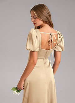 Azazie Fyona Bridesmaid Dresses Champagne A-Line Pleated Stretch Satin Dress image7