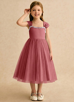 Azazie Yosemite vestidos de niña de las flores Vestido de Rosa Antigua de Tul de Corte Princesa con Escote de Corazón image5