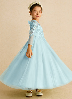 Azazie Precious Flower Girl Dresses Sea Glass A-Line Lace Tulle Dress image3