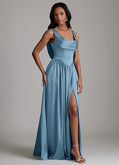 Azazie Novi Vestidos de madrinha de casamento Vestido Aço Azul de Cetim elástico de Linha A com com bolsos image5