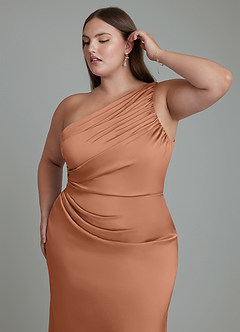 Azazie Akilah Jurken voor bruidsmeisjes Jurk van Stretch Satijn met Zeemeermin One-shoulder Bronzeertint image13