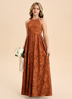 Azazie Arianthe Junior Burnt Orange A-Line Pleated Floral Burnout Dress image6