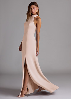 Azazie Myra Bridesmaid Dresses Blushing Pink A-Line Side Slit Stretch Satin Dress image5