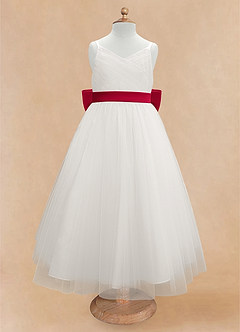 Azazie Lea Blumenmädchenkleider A-Linie Spaghetti Riemen Tüll Kleid Scharlachrot image6