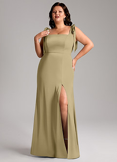 Azazie Frostine Robes de demoiselle d'honneur Robe Trapèze en Satin extensible Arc Vert Mousse image9