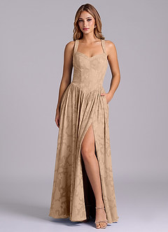 Azazie Francis Bridesmaid Dresses Champagne A-Line Corset Floral Burnout Dress image1