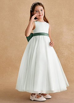 Azazie Cookie Flower Girl Dresses Ivory Eucalyptus A-Line Bow Tulle Dress image2