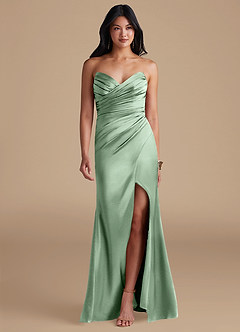 Azazie Yola Bridesmaid Dresses Matcha Sheath Pleated Metallic Satin Dress image1