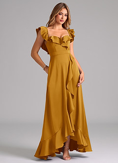 Azazie Lyra Bridesmaid Dresses Butterscotch A-Line Off the Shoulder Stretch Satin Convertible Dress image2