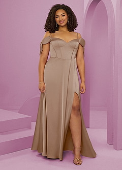 Barbie ♥ Azazie Jurken voor bruidsmeisjes Jurk van Stretch Satijn met A-Lijn Off the Shoulder Taupe image1