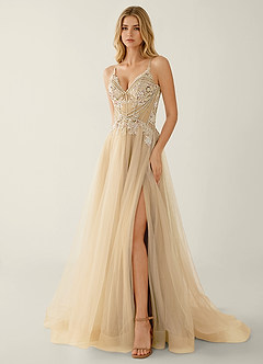Celestyn Champagner Strass-Pailletten-Stickerei Tüll-Abendkleid image4