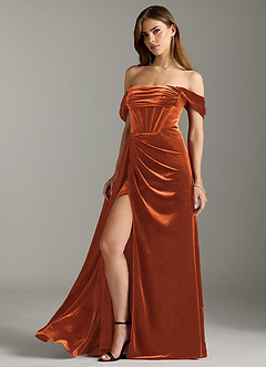Azazie Amyra Bridesmaid Dresses Burnt Orange Sheath Off the Shoulder Velvet Convertible Dress image7
