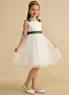 Azazie Lona Abiti da Ragazza di Fiori Abito A-Line in Raso Opaco Fiocco Avorio Oliva image1