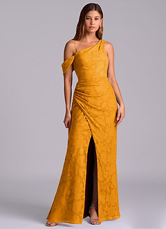 Azazie Madelyn Abiti da Damigella Abito Convertibile Sirena in Burnout Floreale Monospalla Caramello image6