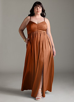 Azazie Alia Bridesmaid Dresses Copper A-Line Pleated Stretch Satin Dress image10