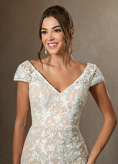Azazie Devonna Wedding Dresses Diamond White Champagne Sheath V-Neck Sequins Lace Dress image9