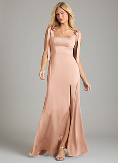 Azazie Frostine Vestidos de damas de honor Vestido de Oro Rosa de Satén Elástico de Corte en A con Lazo image4