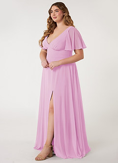 Azazie Kimber Bridesmaid Dresses Candy Pink A-Line Flounce Sleeve Chiffon Dress image7