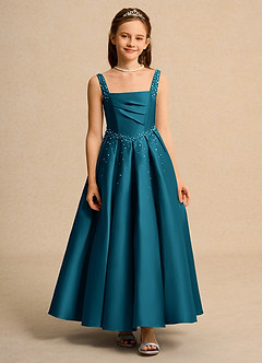 Azazie Mochi Girls Formal Robe Demoiselle D'honneur Fillette Robe Princesse en Mat Satiné Plissée Bleu Encre image1