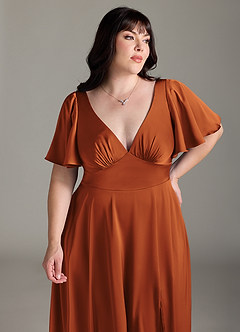 Azazie Kimber Bridesmaid Dresses Cinnamon A-Line Ruched Stretch Satin Dress image11