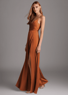 Azazie Calissa Bridesmaid Dresses Cinnamon A-Line V-Neck Pleated Stretch Satin Dress image4