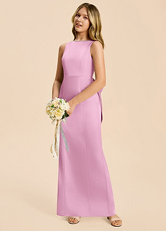 Azazie Emi Junior Candy Pink Sheath Bow Stretch Satin Dress image2