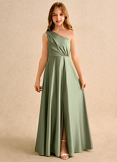 Azazie Puddles Junior Formal Flower Girl Dresses Pistachio A-Line One Shoulder Matte Satin Dress image4