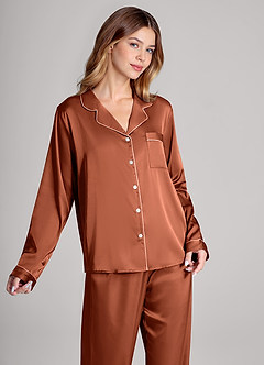 front Pyjama-Set aus Satin mit langen Ärmeln und Hose in passender Farbe