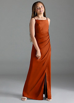 Azazie Leonis Junior A-Linie Plissee Stretch-Satin Kleid Gebranntes Orange image3