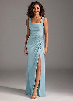 Azazie Jesaphine Bridesmaid Dresses Moody Blue Sheath Bow Stretch Satin Dress image1