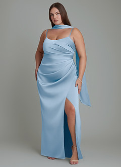 Azazie Calandra At-home Try On Dresses Eucalyptus Sheath Pleated Stretch Satin Dress image6