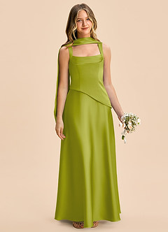 Azazie Carmyn Junior Vestido Hierba De Limón de Satén Elástico de Corte en A con Plisado image1