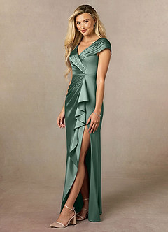 Azazie Anderson Mother of the Bride Dresses Eucalyptus A-Line Pleated Stretch Satin Dress image4