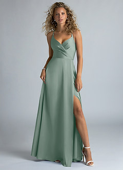 Azazie Davis At-home Try On Dresses Agave A-Line Pleated Stretch Satin Dress image2