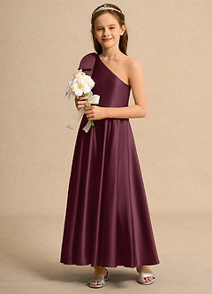 Azazie Guppy Girls Formal Flower Girl Dresses Cabernet A-Line One Shoulder Matte Satin Dress image5