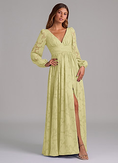 Azazie Norah Jurken voor bruidsmeisjes Jurk van Bloemen Burn-out met A-Lijn Lange mouw Citroensorbet image4