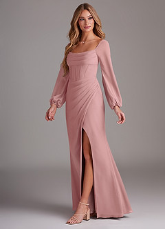 Azazie Charissa Bridesmaid Dresses Dusty Rose Sheath Long Sleeve Chiffon Dress image4