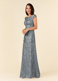 Azazie Porcelain Mother of the Bride Dresses Steel Grey A-Line Off the Shoulder Lace Dress image2