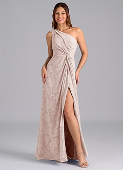 Azazie Brooke Bridesmaid Dresses Blushing Pink A-Line One Shoulder Floral Burnout Dress image4