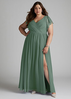 Azazie Zella Bridesmaid Dresses Eucalyptus A-Line Lace Chiffon Dress image8