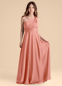 Azazie Charlize Junior Abito A-Line in Raso Elasticizzato Plissettato Corallo image4