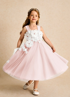 Azazie Dovey Flower Girl Dresses Blushing Pink Ball-Gown Bow Tulle Dress image4