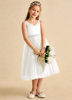 Azazie Firefly Flower Girl Dresses Ivory A-Line Bow Matte Satin Dress image1