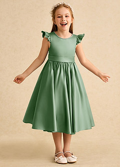 Azazie Dumpling Flower Girl Dresses Matcha A-Line Bow Matte Satin Dress image2