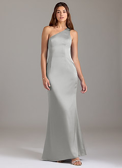 Azazie Arleth Bridesmaid Dresses Silver A-Line One Shoulder Stretch Satin Dress image1