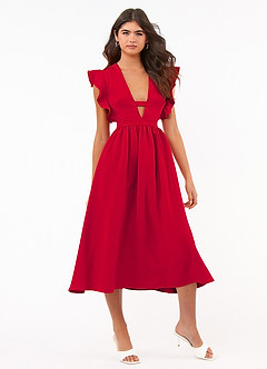 Regal Ruffles Red Satin Flutter Sleeve Midi Dress image4