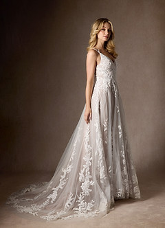 Azazie Delaina Vestidos de novia Vestido de Blanco Diamante Cocoa de Tul de Corte en A con Lentejuelas cuello pico image7